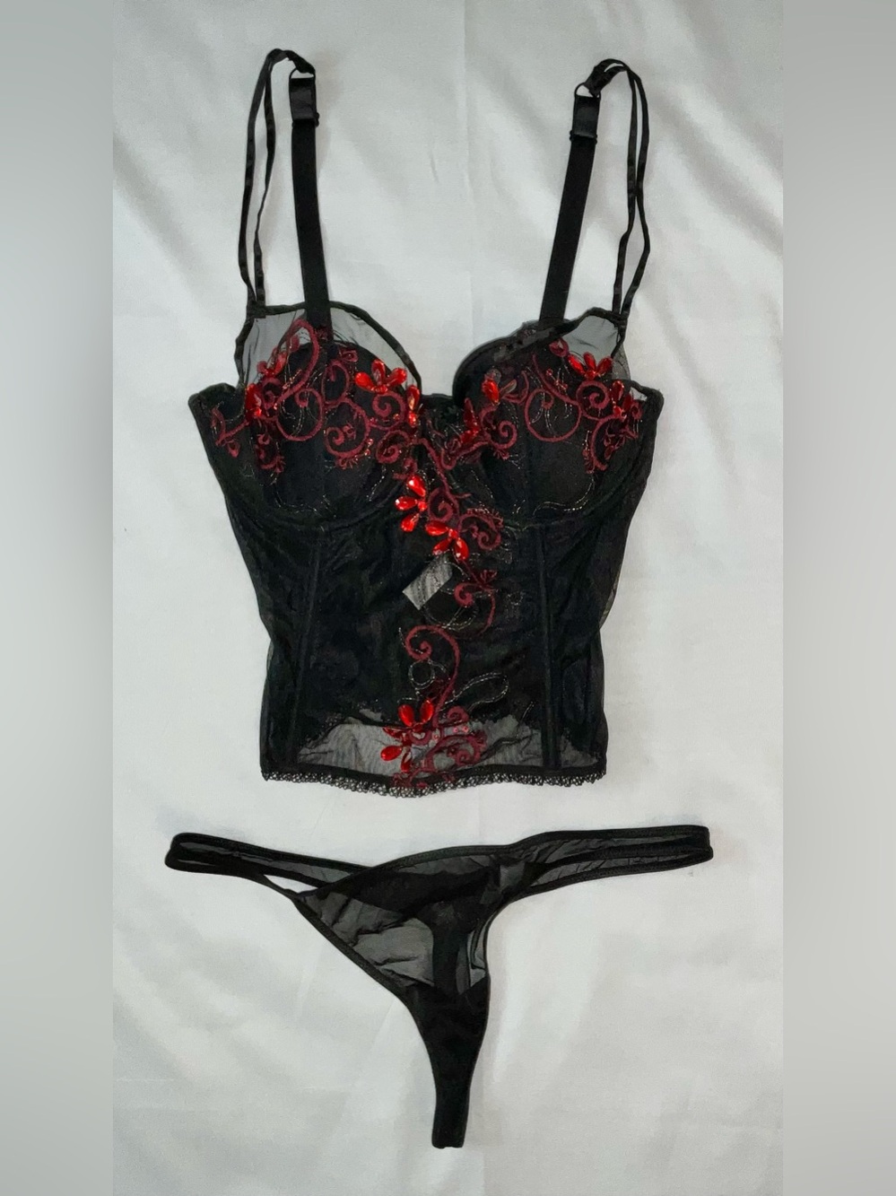 Vtg Y2K Jezebel Heavy Beaded Gemstone Mesh Corset Lingerie 2pc Set NWOT- 34D/M
